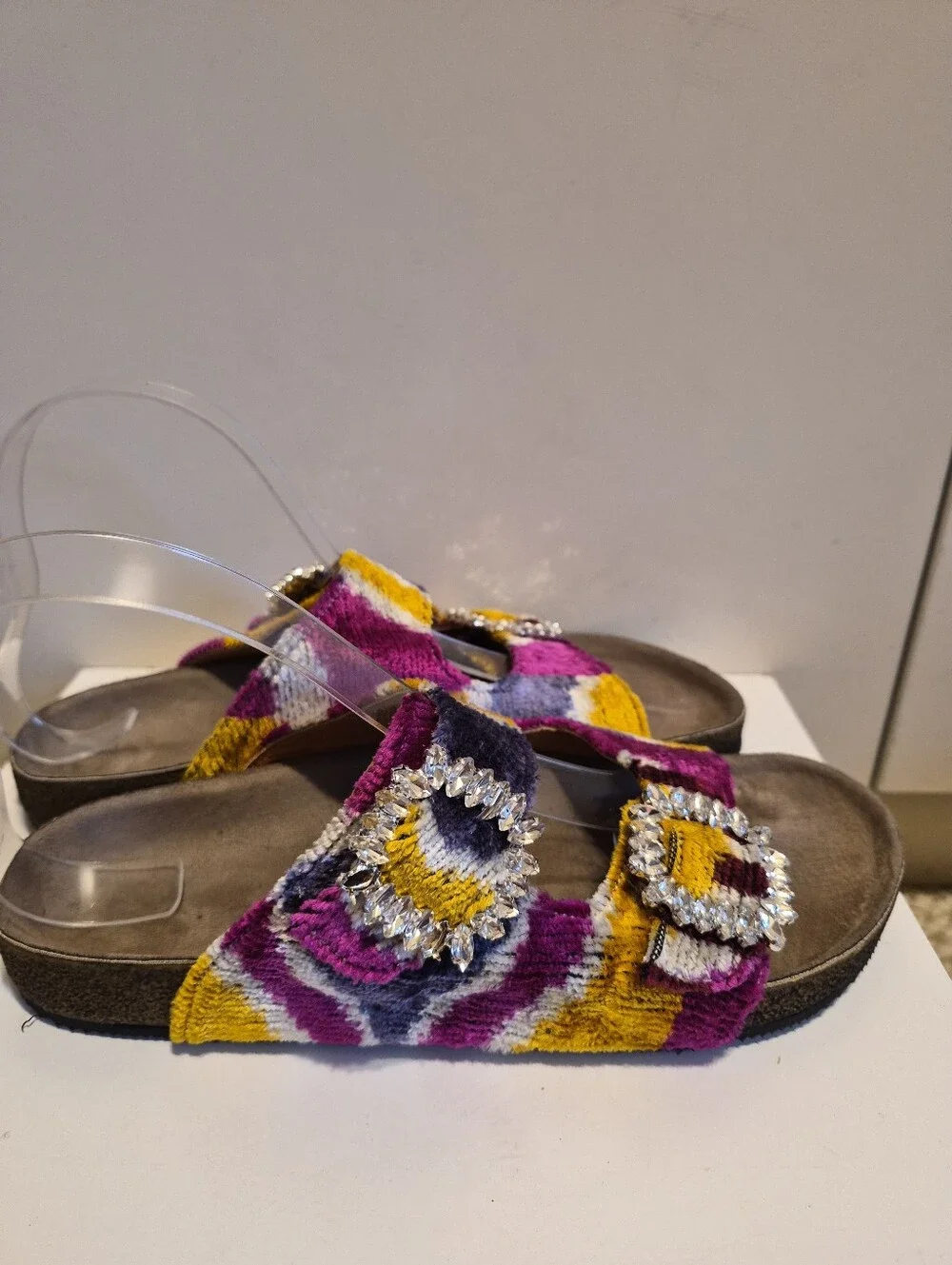 Baldiz Silk Velvet Ikat Double Rhinestone Buckle Slide SandalsSz.7/ EU 37 $245